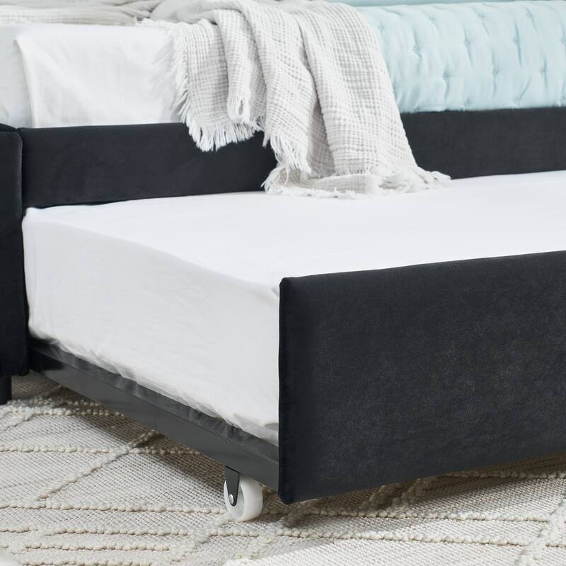 Full Size Upholstered Tufted Sofa Bed with Trundle, Velvet, Black (79.5''x58''x25'')