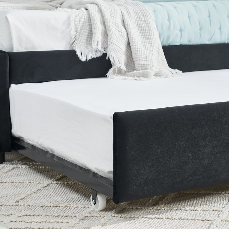 Luxury Full-Size Tufted Daybed with Trundle‌ – Upholstered Velvet Sofa Bed with Supportive Backrest & Armrests (Elegant Black).
