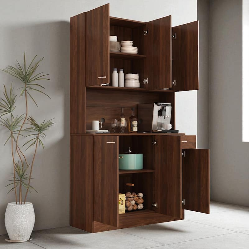 70.87" Tall Storage Cabinet with 6 Doors, 1 Drawer and Open Shelf, Walnut Wardrobe for Bedroom or Kitchen