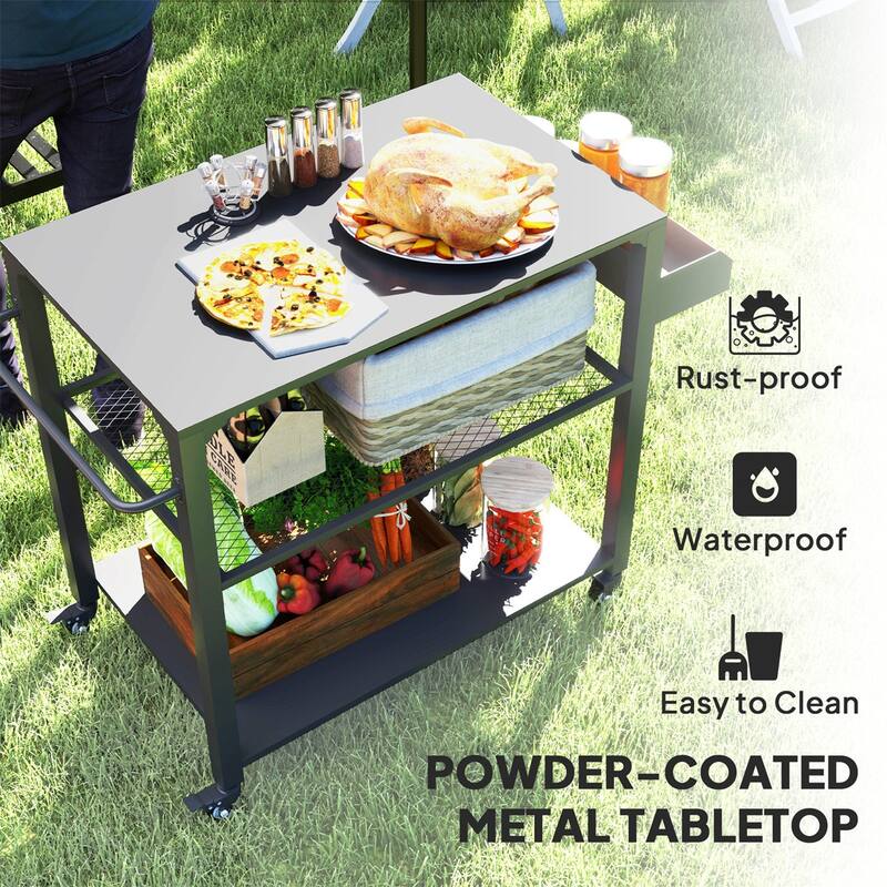 Black Metal and Steel Grill Cart with Side Storage, Grid Tray, Bottom Shelf, and Swivel Casters - 41.3" W x 19.7" D x 31.1" H - Black