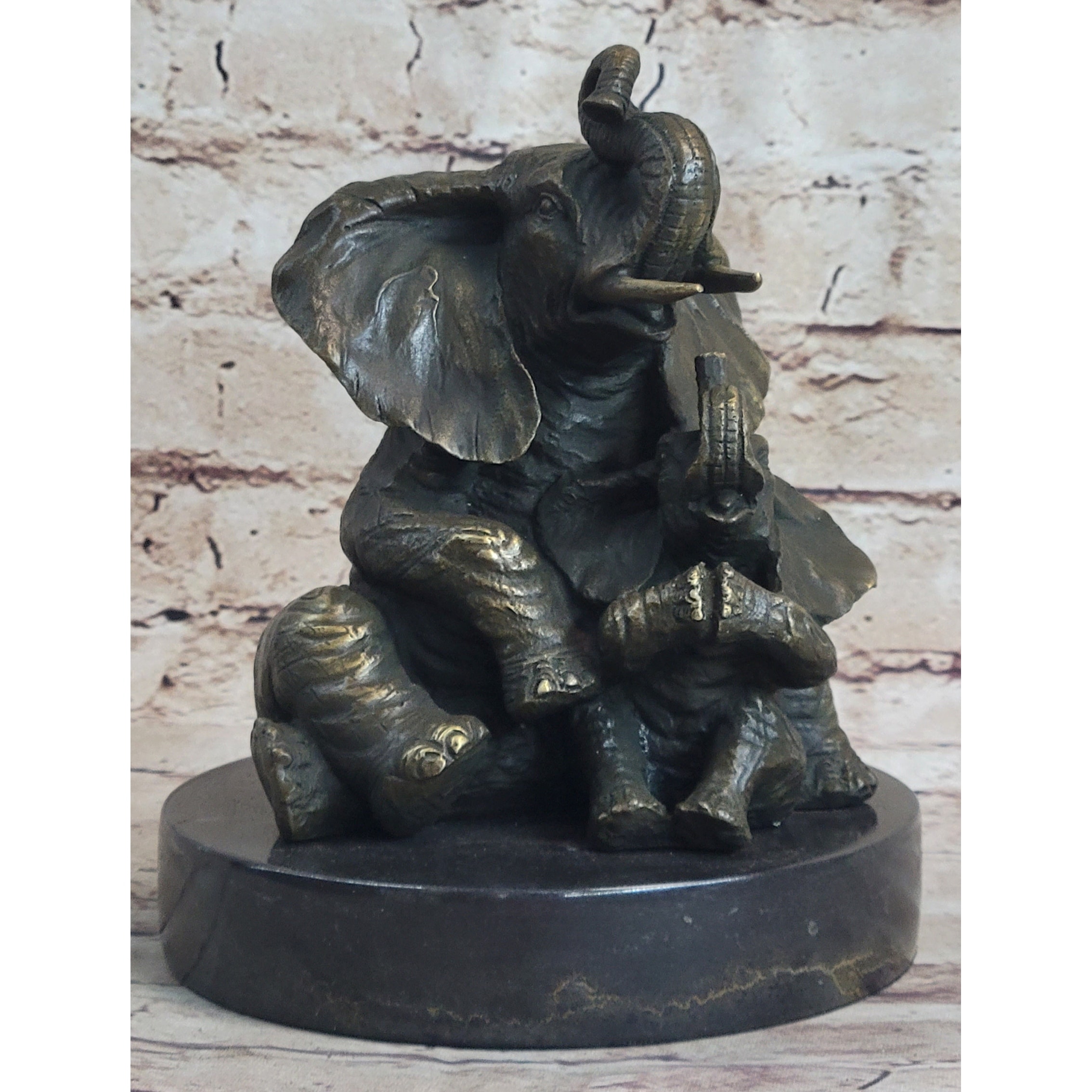 Bronze Sculpture Laughing Mother Elephant With Baby Calf Bronze Figurine Statue Decor