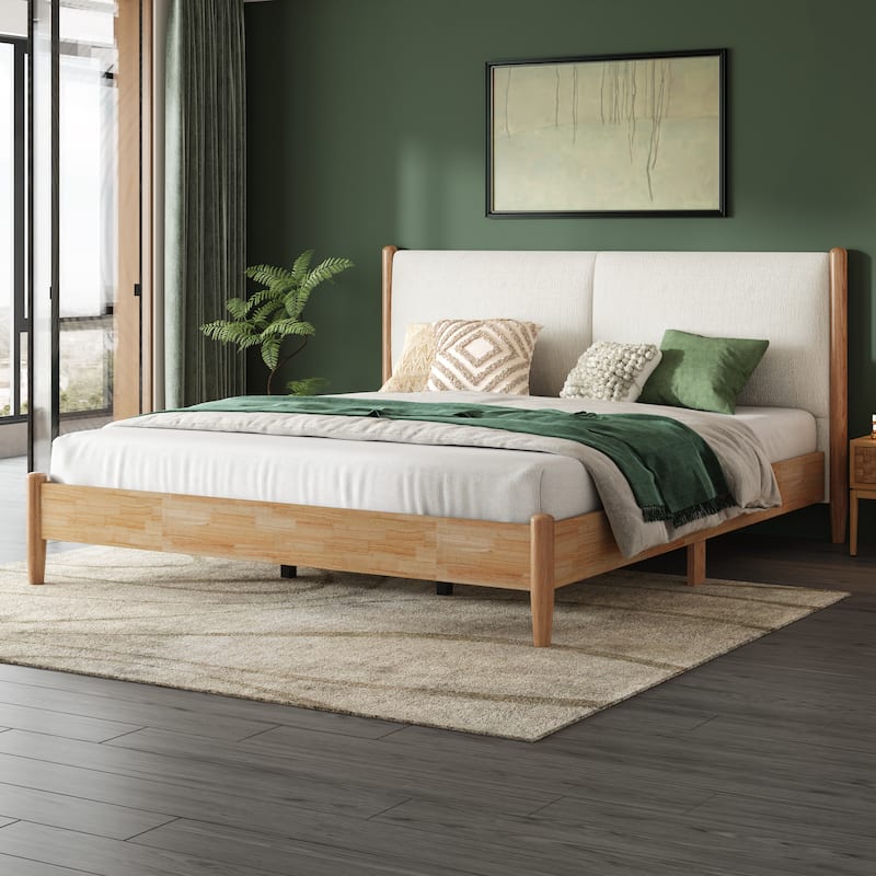 Christopher Knight Home - Elara Damare Queen Bed with Solid Rubberwood Frame, Boucle Upholstered Headboard - White + Natural + Boho + King