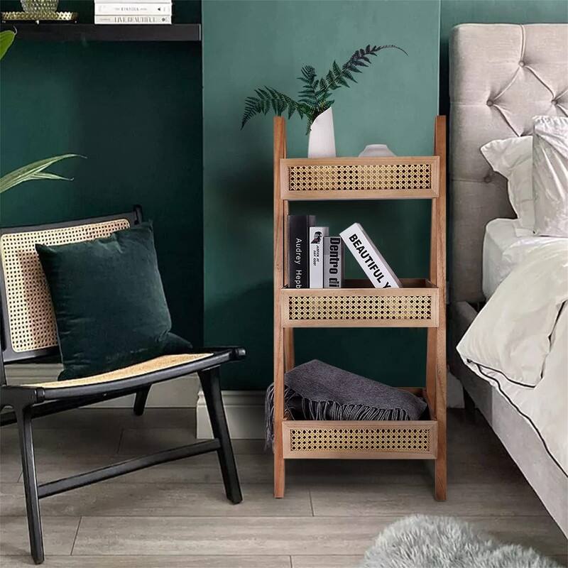 3-Tier Rattan Bookshelf Free Standing Bookcase - 12.2"D x 38"W x 15.16"H