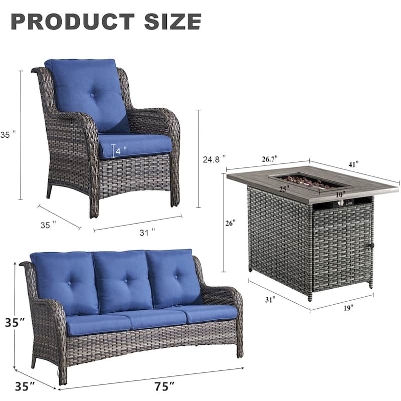 Outdoor Chairs with Sofa and Fire Pit Table - Grey