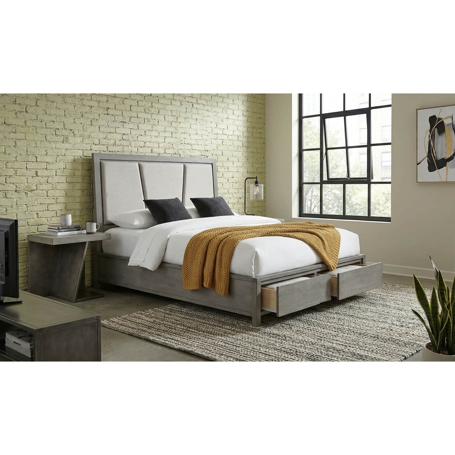 Bed - Gray wood frame with fabric upholstered headboard requiring assembly