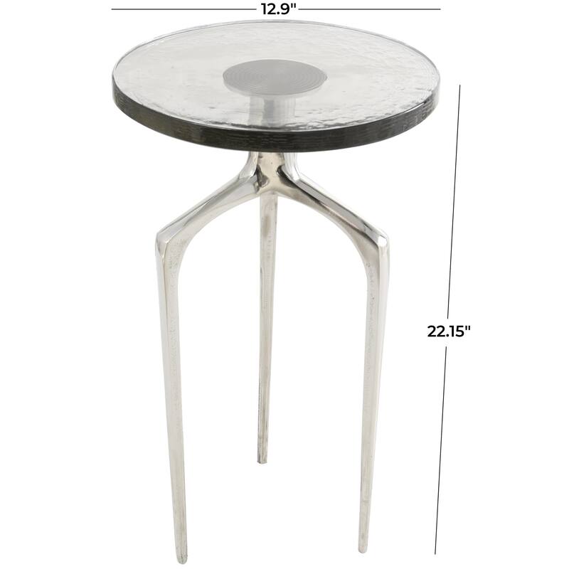 Aluminum Metal Small Tripod Accent Table with Textured Glass Tabletop - Silver, Gold or Black - Roche River Decor