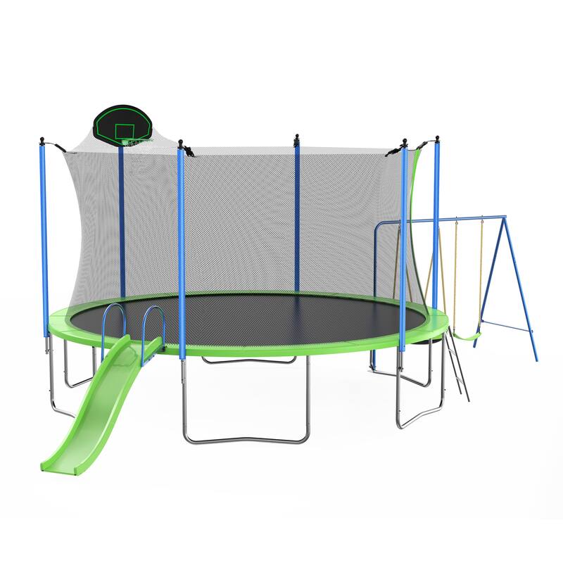 12FT Trampoline with Slide and Swings(Double color cover), Trampoline with Basketball Hoop and Ladder