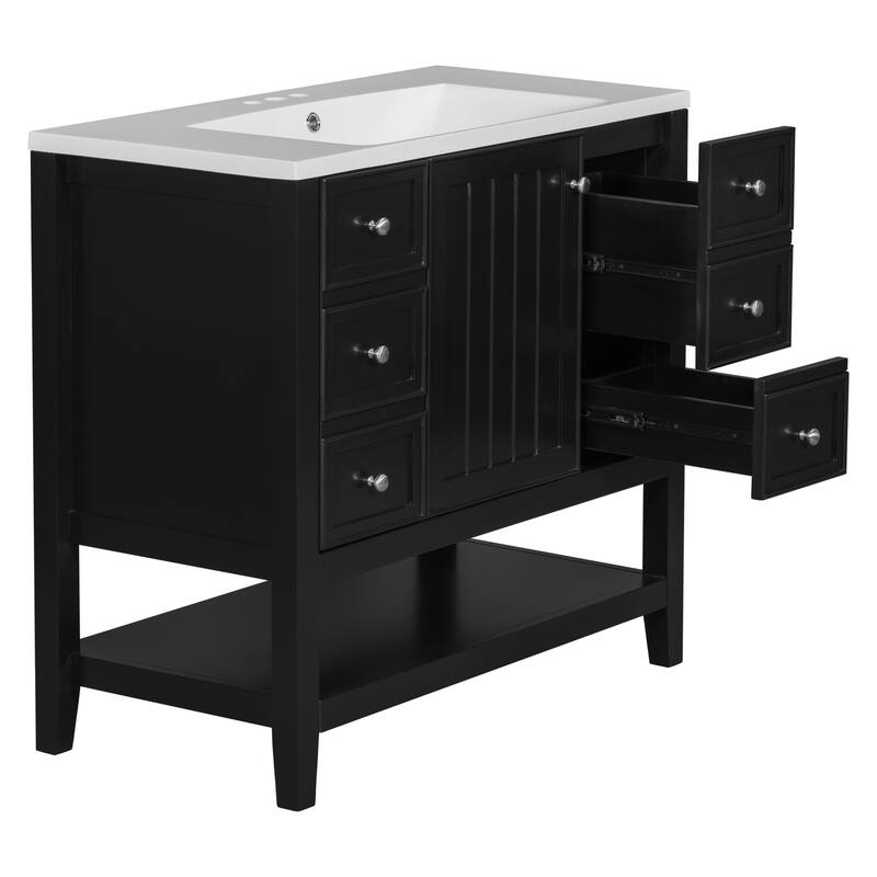Freestanding 36" Bathroom Vanity Cabinet with Ceramic Sink & Open Storage Shelf