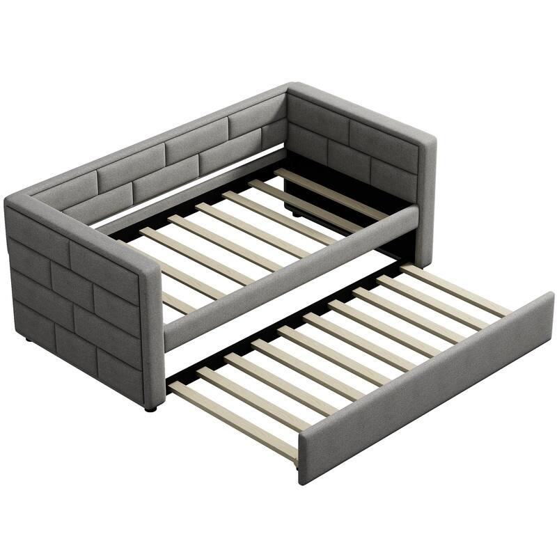Twin Size Daybed with Trundle, Upholstered Daybed with Padded Back