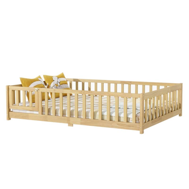 Twin Size Floor Bed with Fence and Door, Safety Guardrails