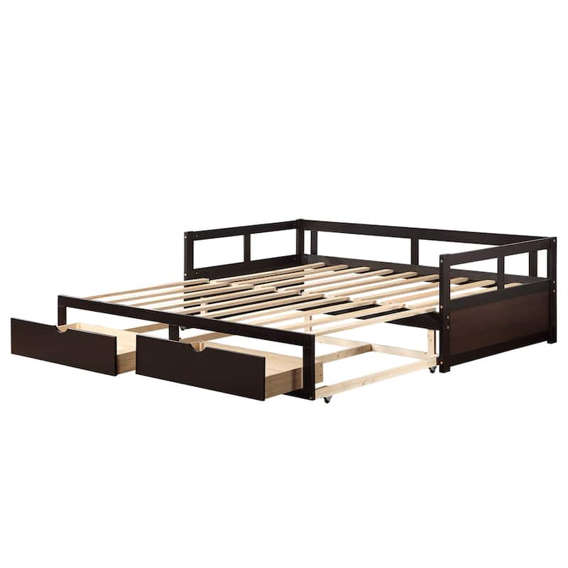 Wooden Extendable Daybed with Trundle Bed and 2 Storage Drawers