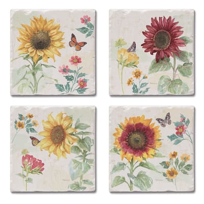 Absorbent Stone Beverage Coasters - Set of 4 - Sunflower Splendor - Multi-159
