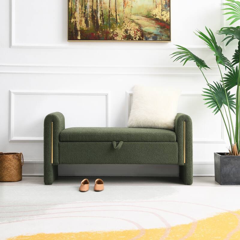 Modern Teddy Bench with Arms and Storage, Upholstered Large Foot Rest Stool, Comfy Window Vanity Bench - Olive Green