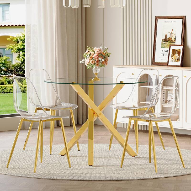 Set of 5 Piece Round Glass Dining Table and 4 Transparent Plastic Chairs X Shaped Metal Base