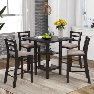 5 PCS Wooden Counter Height Dining Set with Padded Chairs and Storage Shelving