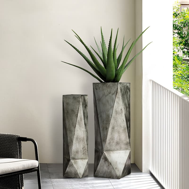 Glitzhome Antique Silver Geometric Metal Modern Rectangular Vases(Set of 2)