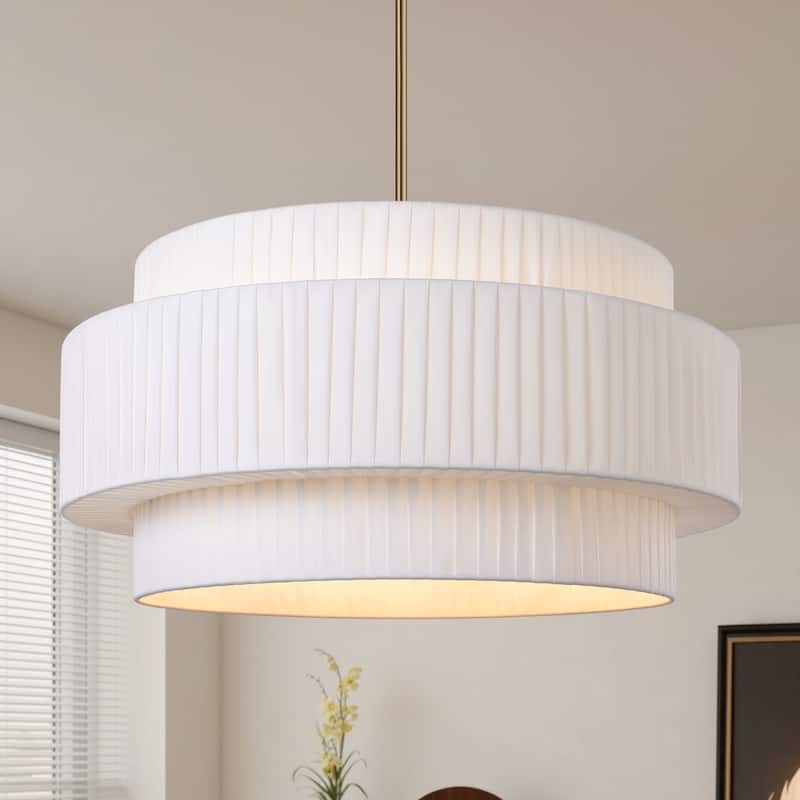 Modern 3-Tier Drum Chandeliers Fabric Shade Ceiling Hanging Pendant - 3-Tier/23.6inch - Gold Fixture