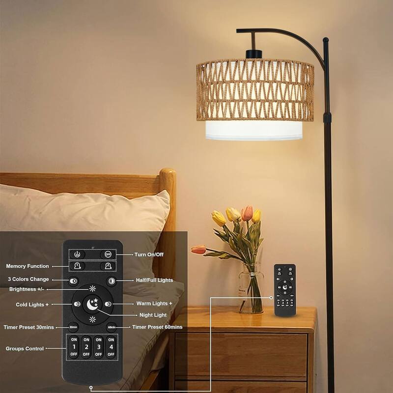 Arc Floor Lamp with 3 Color Temperatures,Rattan with Remote Control,Black Dimmable Standing Lamp with Wicker Lamp Shades