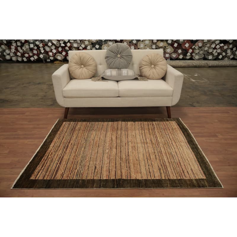 Hand Knotted Oriental 100% Wool Carpet Modern Contemporary Beige & Ivories Gabbeh Area Rug - 5' 7'' X 4' 2''