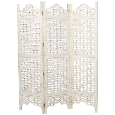 Wooden Geometric Handmade Large Freestanding Adjustable Room Divider Screen with Chain Link Pattern - Cream - Roche River Decor
