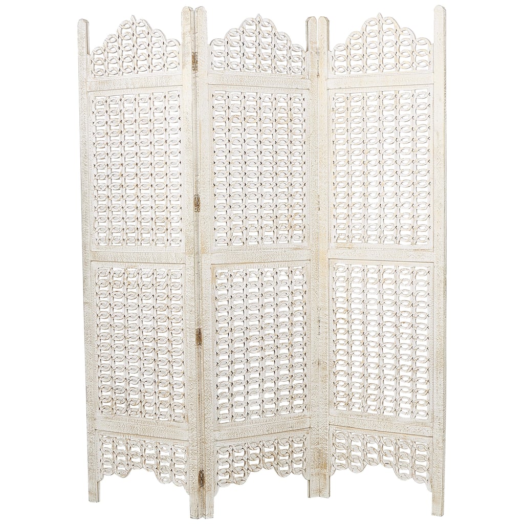Wooden Geometric Handmade Large Freestanding Adjustable Room Divider Screen with Chain Link Pattern - Cream - Roche River Decor