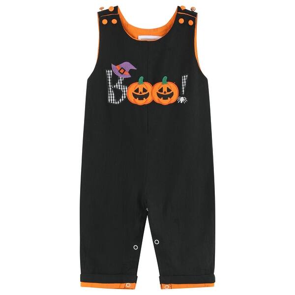 slide 2 of 4, Black and Orange Boo Halloween Overalls - 3-6M