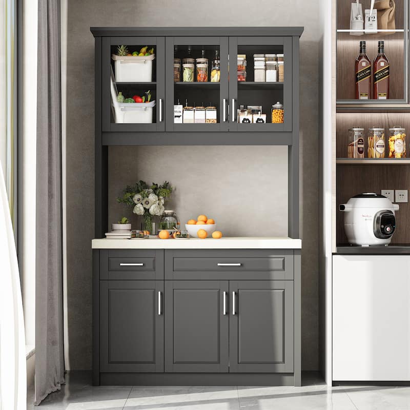 Grey Kitchen Cabinet: Ample Storage with Glass - door Display and Drawers Pantry Buffet