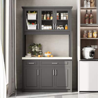 Grey Kitchen Cabinet: Ample Storage with Glass - door Display and Drawers Pantry Buffet