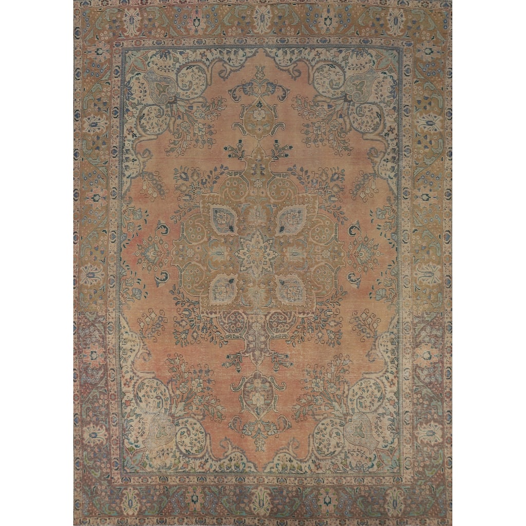 Coral Tabriz Persian Vintage Area Rug Handmade Wool Carpet - 9'5" x 12'4"
