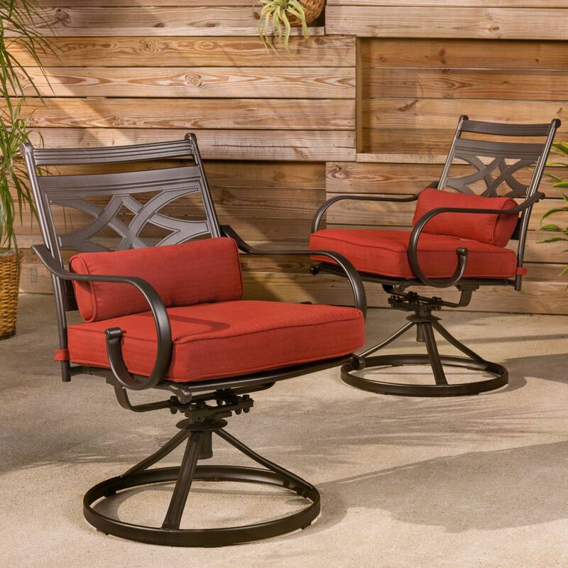 Hanover Montclair 11-Piece Dining Set in Chili Red with 10 Swivel Rockers and a 60-In. x 84-In. Table