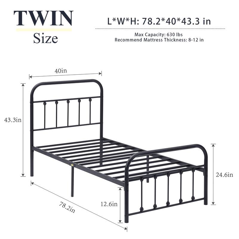 Black Metal Bed Frame with Vintage Headboard and Footboard,No Box Spring Needed,Premium Stable Steel Slat Support,Black