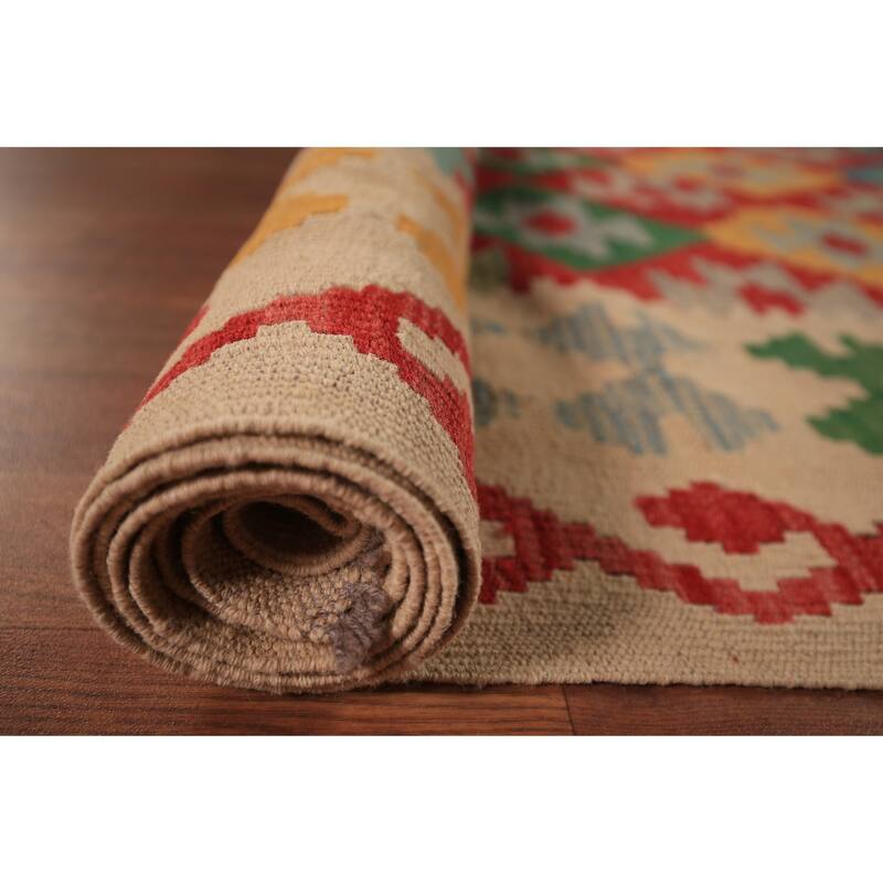 Geometric Kilim Orange Area Rug Hand-Woven Wool Carpet - 8'3" x 11'3"