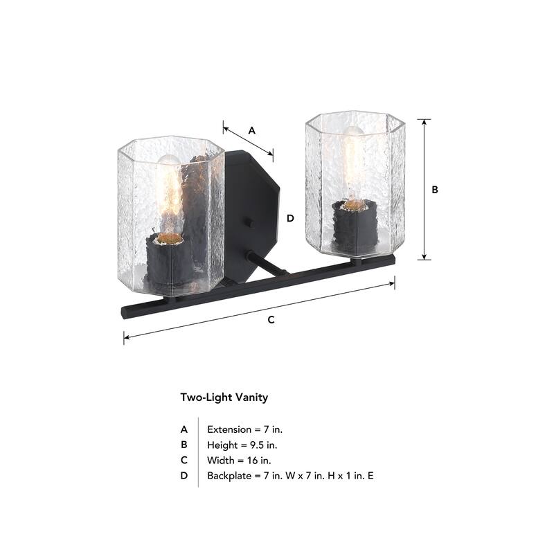 Haven 16 in. 2-Light Matte Black Vanity Light with Clear Rippled Glass Shades for Bathrooms