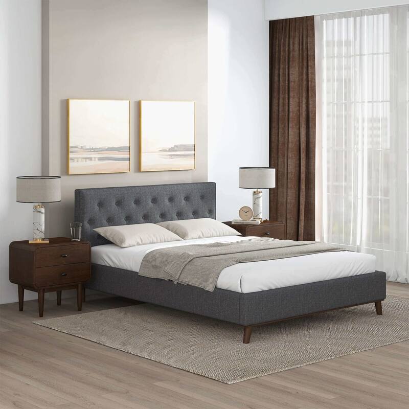 Queen Size Modern Upholstered Platform Bed with Tall Tufted Headboard, Solid Wood Legs, No Box Spring, Grey Fabric Finish