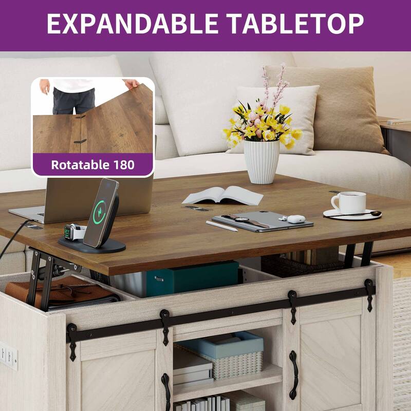 Moasis Farmhouse Lift-Top Coffee Table with Power Outlets, Center Dining Table with Hidden Storage