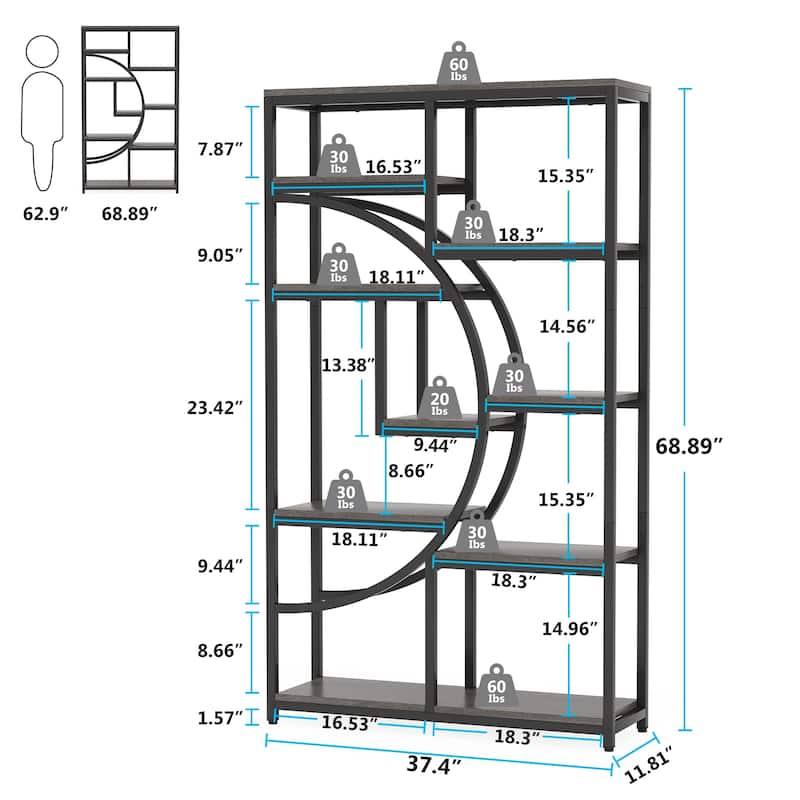 Bookshelf 5 Shelf Industrial Etagere Bookcase for Bedroom, Living Room, Home Office