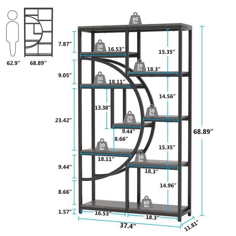 Bookshelf 5 Shelf Industrial Etagere Bookcase for Bedroom, Living Room, Home Office