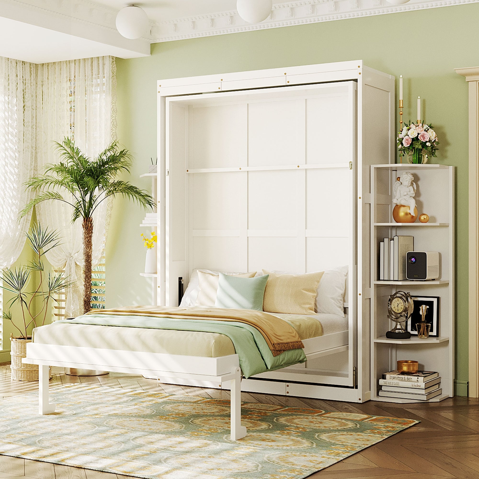 360° Rotating Queen Size Murphy Bed with Built-In Desk, Hidden Wall Bed Cabinet with Dual 3-Tier Shelves & Extra Storage Racks