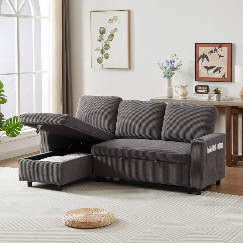 L-Shaped Comfortable Corduroy Combo Sofa with Pullout Bed and Storage - Grey