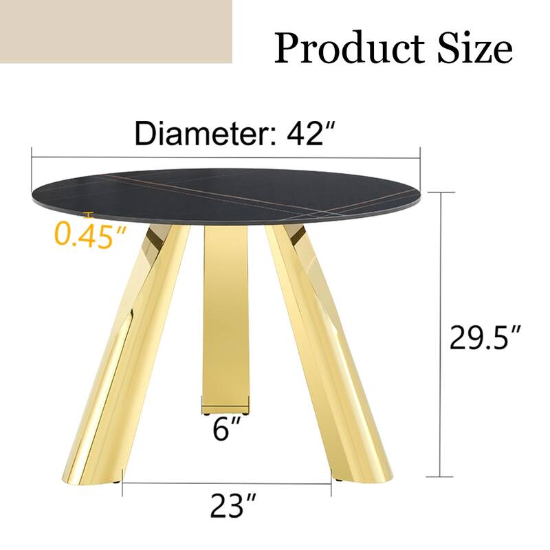 A 42-Inch Round Table with Stainless Steel Legs and a Marble Top, Perfect for 4 to 6 People.