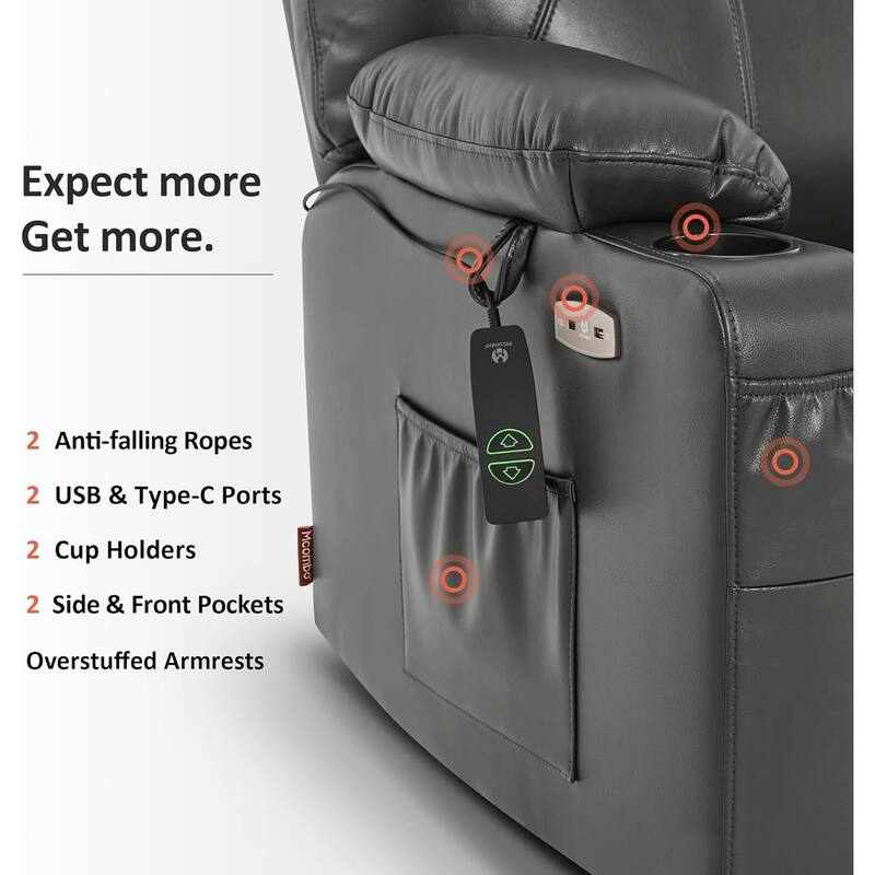 MCombo Medium-Wide Power Lift Recliner Chair Sofa with Massage and Heat for Elderly People, Faux Leather R7045