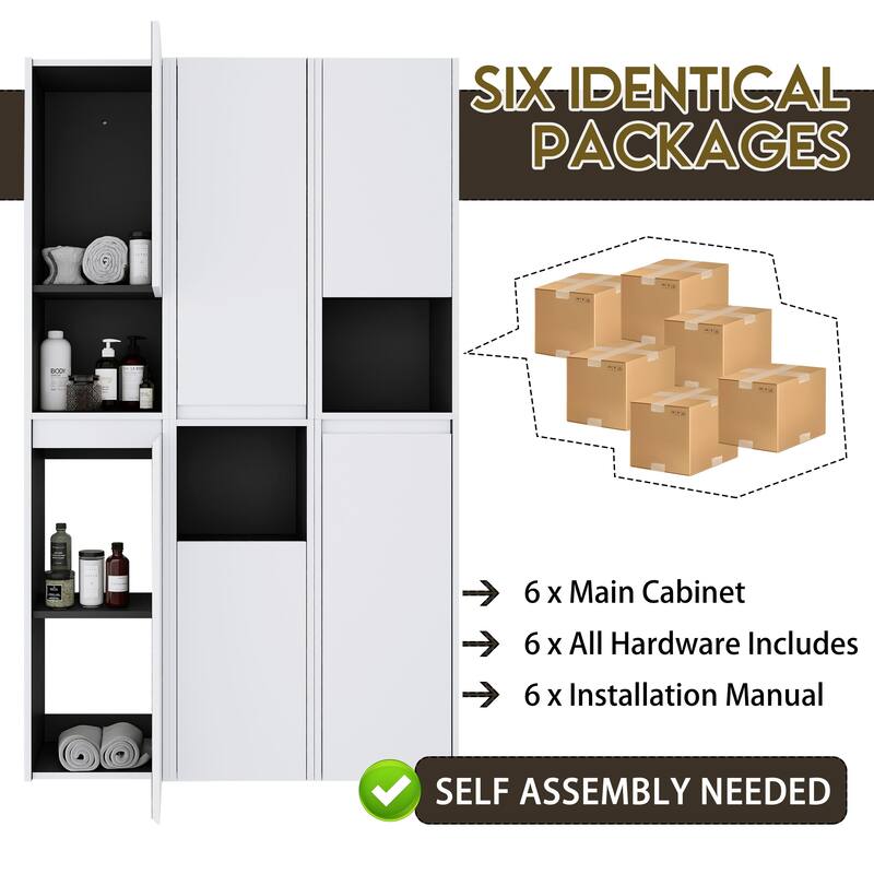 Modern Wall-Mounted Bathroom Side Cabinet with Soft-Close Doors, Floating Design, 6 Storage Compartments, 12-Inch Width