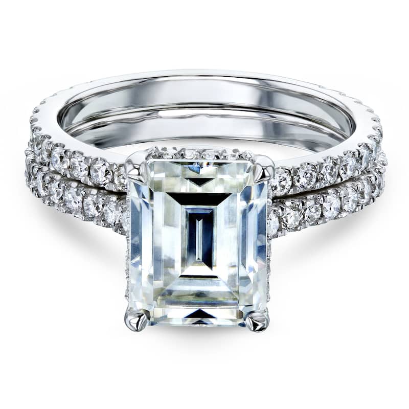 Annello by Kobelli 14k Gold 3 1/6ct TDW 9x7mm Emerald Moissanite and Diamond Drop Halo Bridal Rings Set