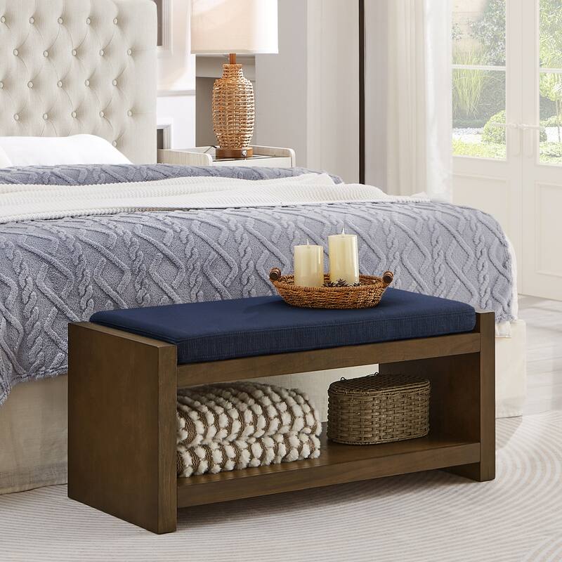 40" Accent Bench with Lower Shelf Shoe Rack, Padded Seating Bench for Living Room, Modern Compact Bed End Bench with Storage - Navy Blue