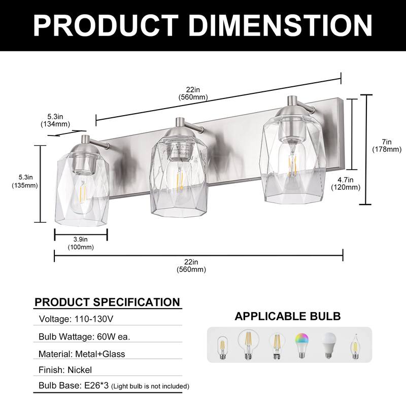 3-Light Brushed Nickel Cylinder Modern Bathroom Vanity Light with Clear Glass Shade,Wall Lamp for Mirror Kitchen Bedroom