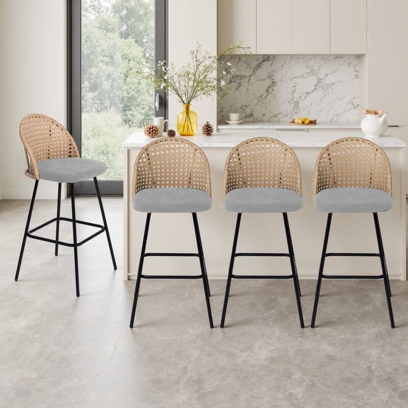Coastal Rattan Back Counter Height Upholstered Bar Stools - Light Grey - Set of 4