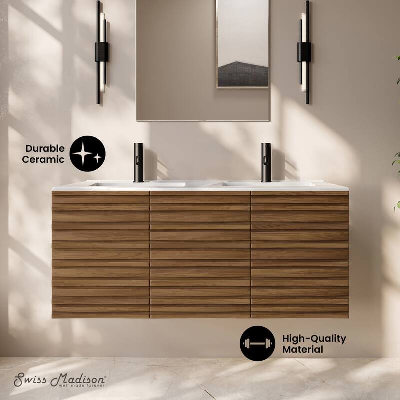 Cascade 48" Wall-Mounted Bathroom Vanity In Brown Oak With Double Basin Sink Top - 48