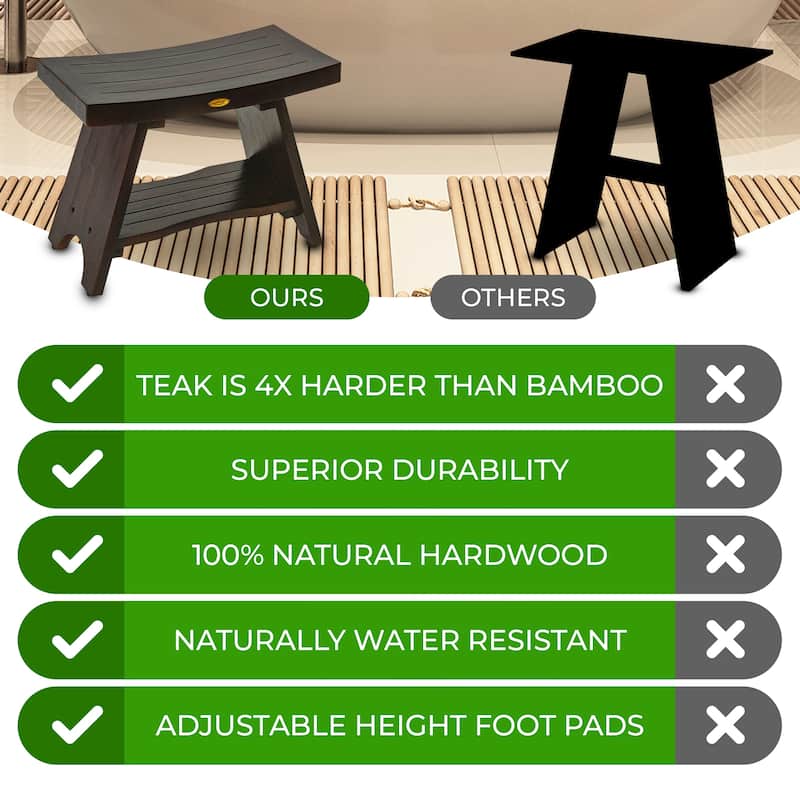 24" DecoTeak Serenity Eastern Style Solid Teak Shower Bench With Shelf in WoodLand Brown Finish