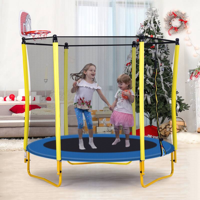 Toddler Trampoline - Safety Enclosure Net & Balls, Indoor Outdoor Mini Trampoline - Yellow - 65