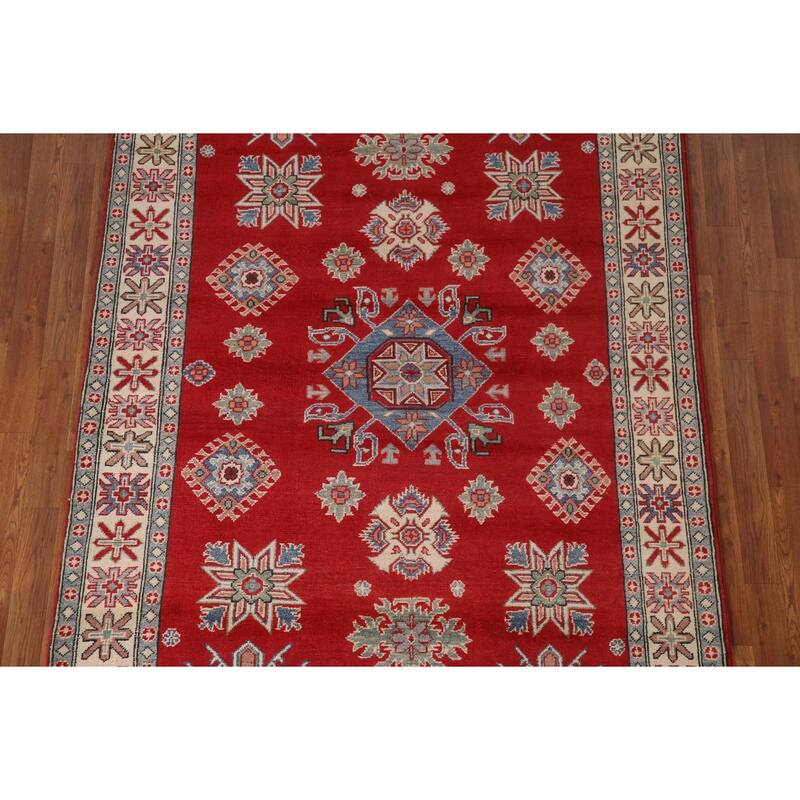 Red Geometric Kazak Area Rug Handmade Bedroom Wool Carpet - 5'0" x 6'9"